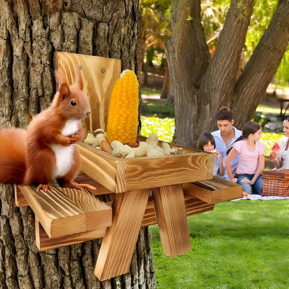 ACDANC Squirrel Feeder Picnic Table with Tall Umbrella, Wooden Squirrel Feeders for Outside, Solid Structure Pine Wood Cute Chipmunk Feeder with Corn Cob Holder