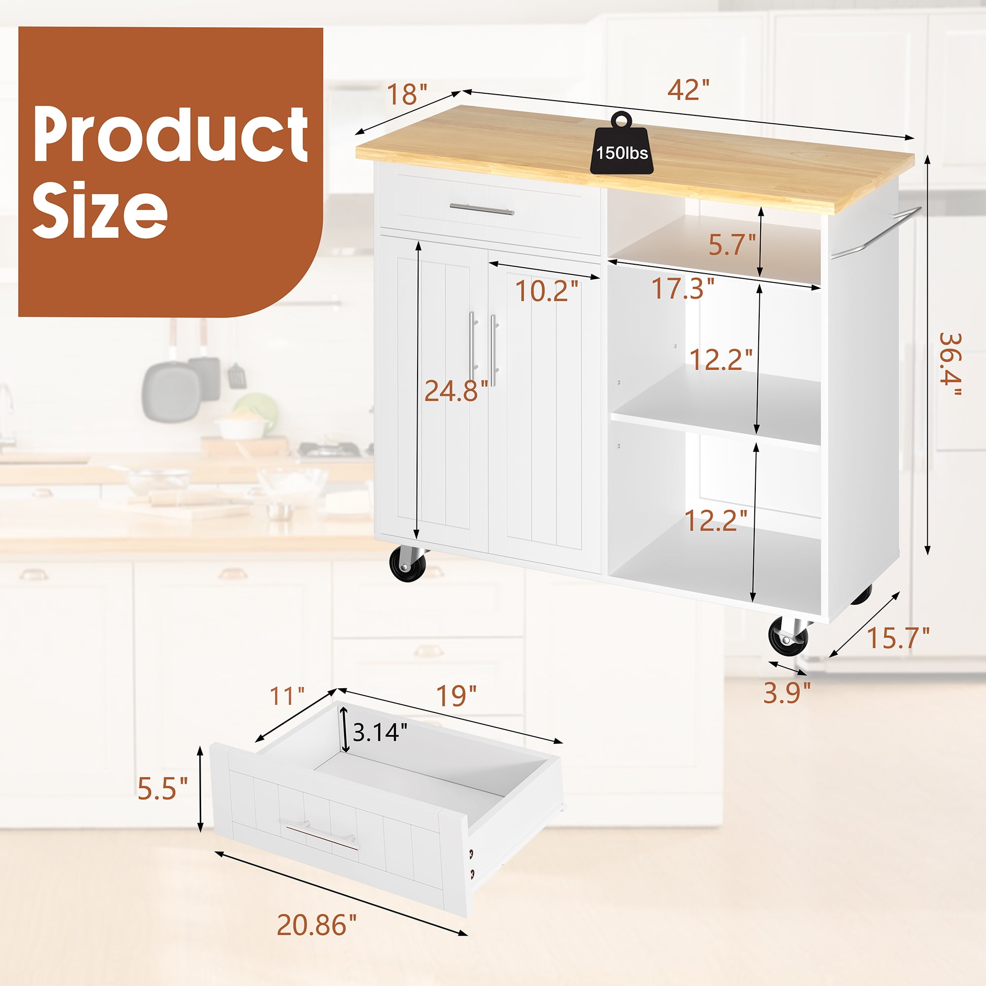 Walsunny 42" Kitchen Island Cart with Storage,Rolling Kitchen Island Side Table on Wheels with Large Worktop,Storage Cabinet,Towel Rack and Drawers,White