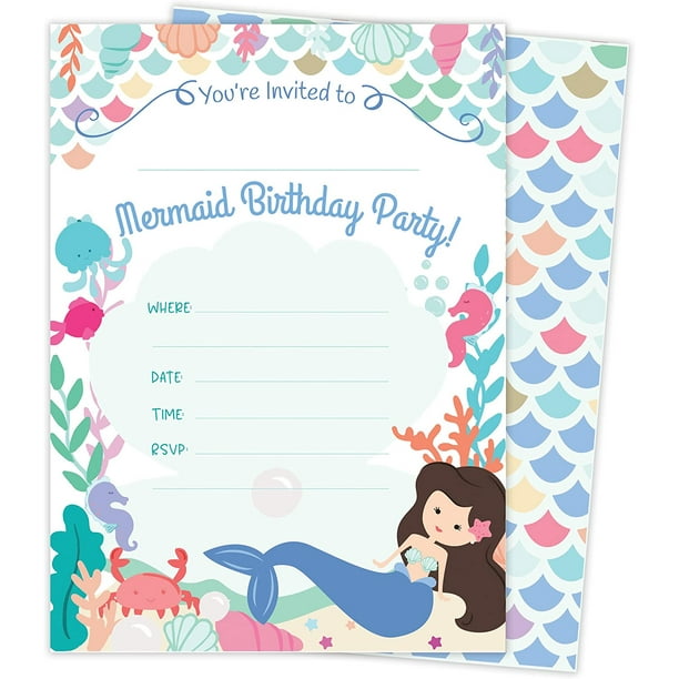 Mermaid Happy Birthday Invitations Invite Cards 25 Count With Envelopes And Seal Stickers Vinyl Girls Kids Party 25ct Walmart Com Walmart Com