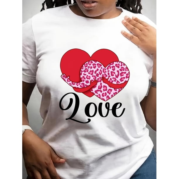 Women'S Valentine'S Day Casual Crew Neck T-Shirt, Love Heart Print, Polyester Knit Fabric with Animal Pattern, Medium Stretch, All Seasons Top Tee For Adult, Men, Women, Teen, Teenager, Adolescent, Y