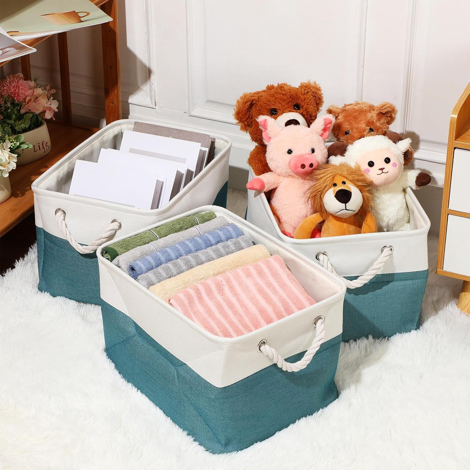 8 Pack Collapsible Storage Bins Fabric Storage Bins Polyester Fabric Storage Baskets with Handles Linen Closet Organizer for Shelf Home Closet Towels Toys (Cyan White,15 x 11 x 9.5 in)