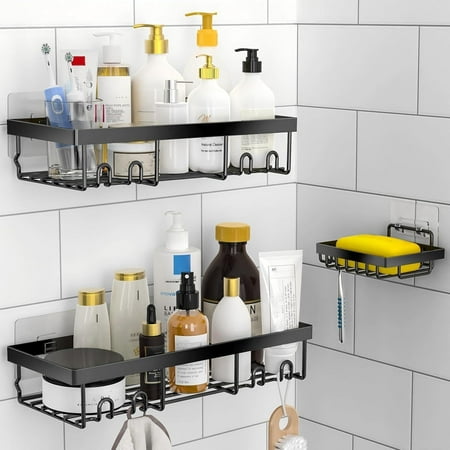 3-Pack Shower Caddy Basket Shelf with Soap Holder No Drilling Traceless Adhesive Shower Wall Shelves Rustproof Black Bathroom Shower Storage Organizer