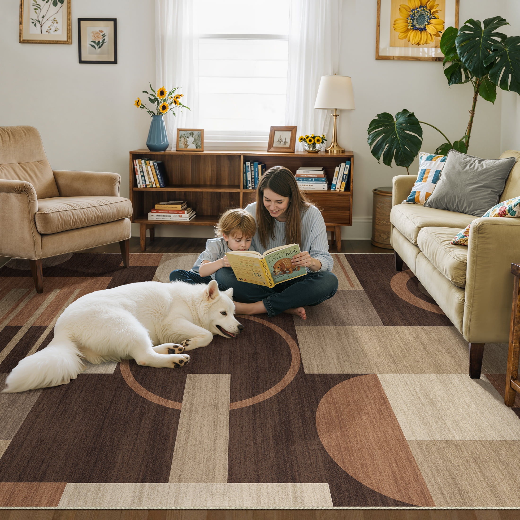 MICGEEK 8x10 Washable Area Rugs for Living Room, Modern Geometric Printed Rug, Vacuum-Friendly, Non Slip Indoor Rug for Bedroom Dining Room Home Decor Carpet, Brown/Beige