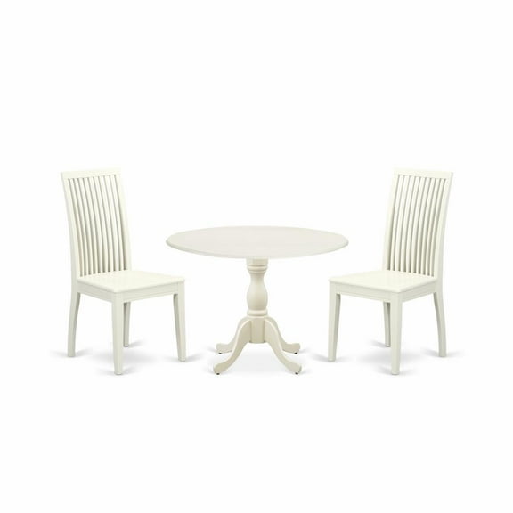 East West Furniture DMIP3-LWH-W 3 Piece Dinette Set Contains 1 Drop Leaves Dining Room Table and 2 Black Dinning Chairs with Slatted Back - Linen White Finish