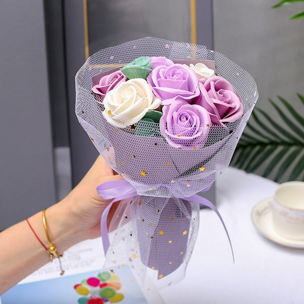 Ramo de flores de jabón, aceite esencial perfumado, jabón de rosas para el regalo de cumpleaños de la fiesta de San Valentín morado claro BLESIY Ramo de flores de jabón