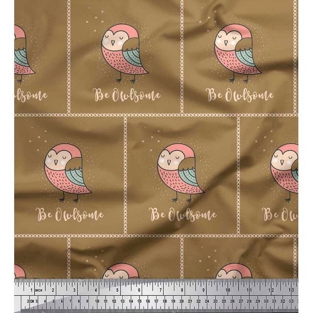 Soimoi Brown Poly Georgette Fabric Text & Owl Bird Printed Fabric 1 Yard 42 Inch Wide