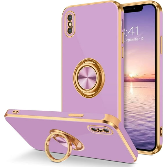 iPhone X Case,iPhone Xs Case,Slim Fit Soft 360° Ring Holder Kickstand Magnetic Car Mount Supported Soft Shockproof Drop Protective Phone Cover for Apple iPhone X/XS 5.8 Inch, Purple/Golden