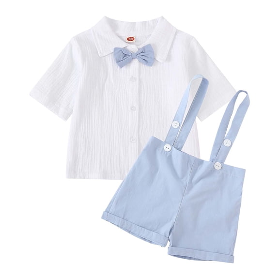 LIIPEE Boys Outfits Solid Color Short Sleeve Turndown Collar Button Shirt Suspenders Shorts Set Infant Stylish Birthday Wedding Weekend Outfit,Bu1,18-24 Months