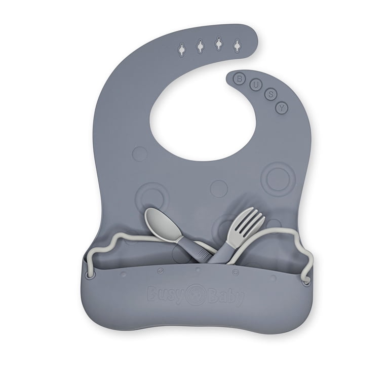 Busy Baby Silicone Feeding Bib with Utensils, Pewter photo 3