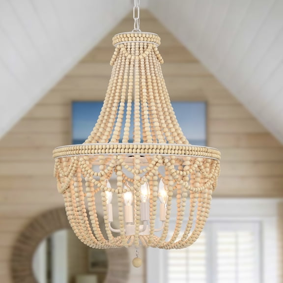 Wood Bead Chandelier 4-Light Farmhouse Boho Pendant Light with Adjustable Chain, E12 Base for Dining Room, Kitchen Island, Entryway