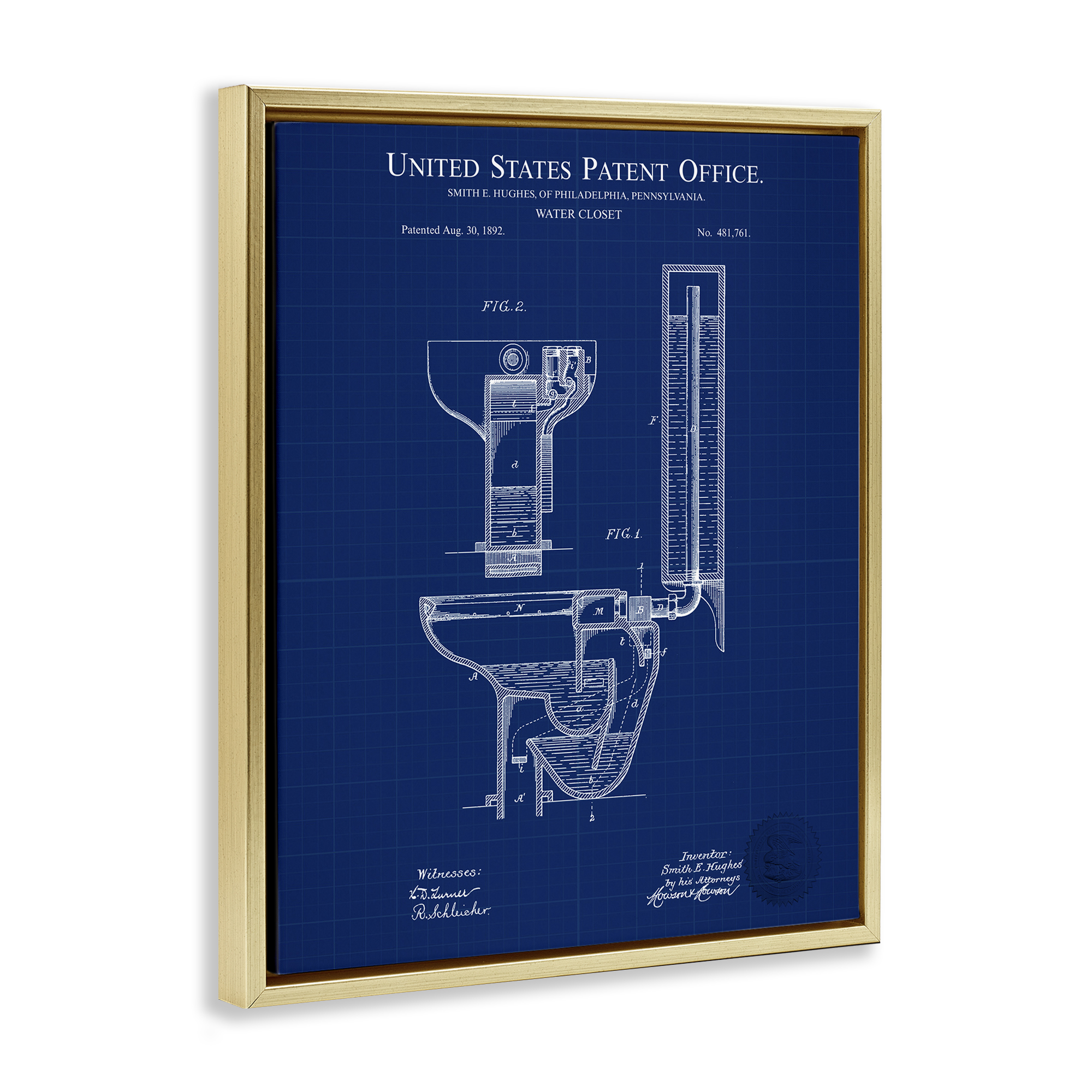 Stupell Industries Water Closet Blueprint Typography Painting Gold Floater Framed Art Print Wall Art, 25 x 31
