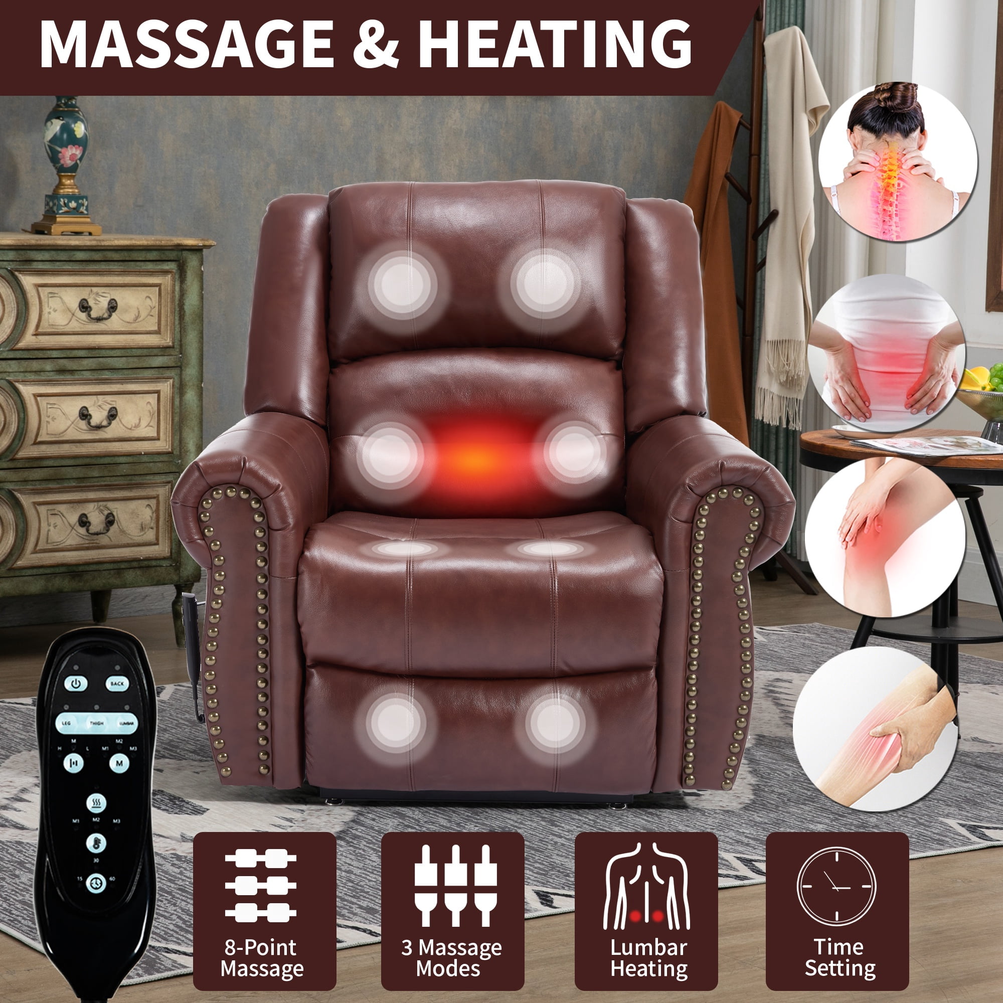 LEGAHOME Genuine Leather Power Lift Recliner Chair, Electric Infinite Position Lift Chair for Elderly with Heated and Massage, Reclining Sofa with USB Charging Port and Dual Motor, Red