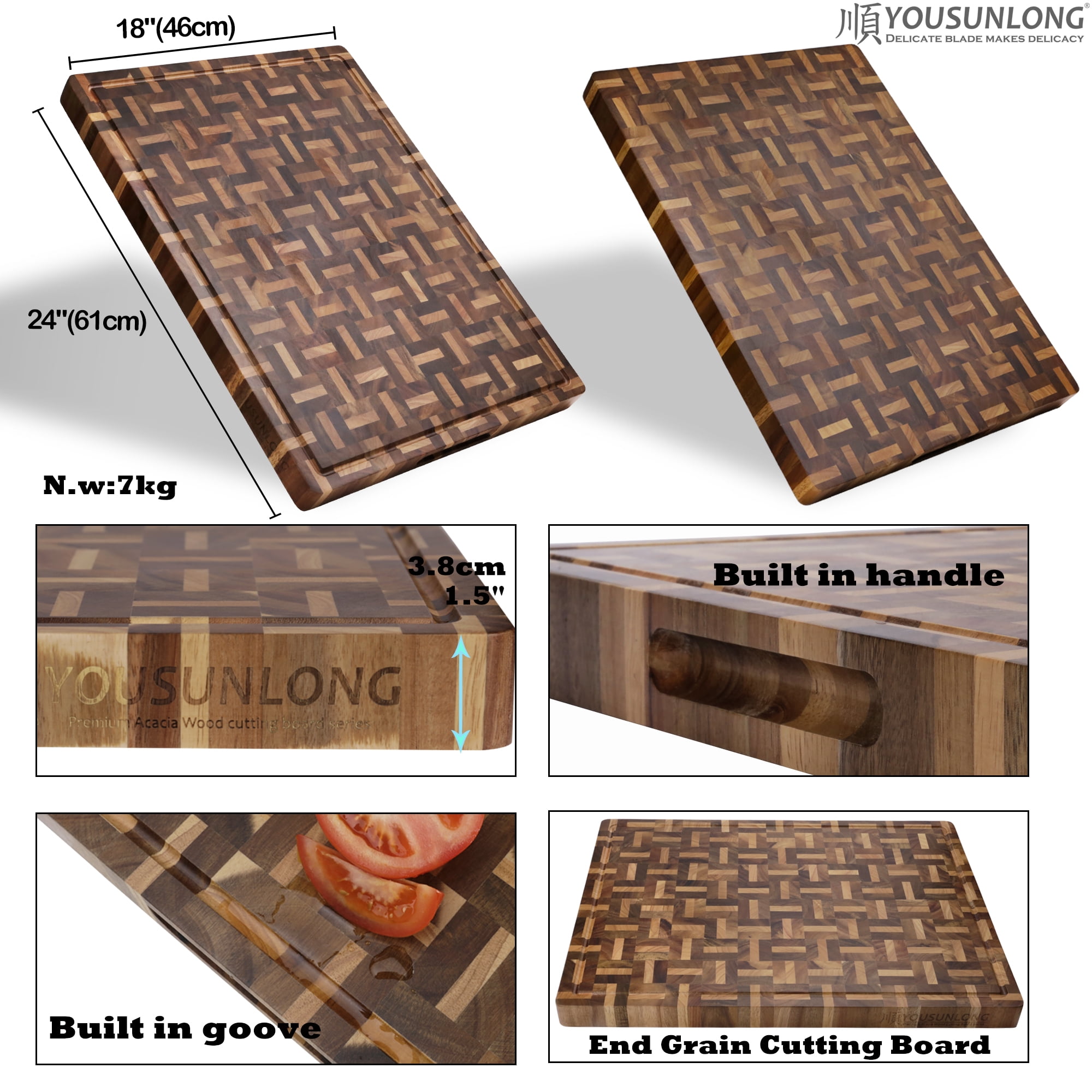 YOUSUNLONG Cutting Board End Grain Acacia and Oak with Juice Groove, Reversible 24 x 18 x 1.5 Butcher Block