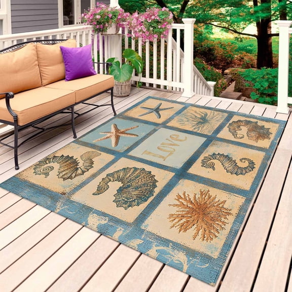 Vintage Starfish Coastal Outdoor Rug 3x5 Ft, Non Slip Washable Area Rug, Retro Nautical Shell Seahorse Patio Rugs Carpet Runner, Large Floor Mat for Indoor/Outdoor Deck Porch Camping