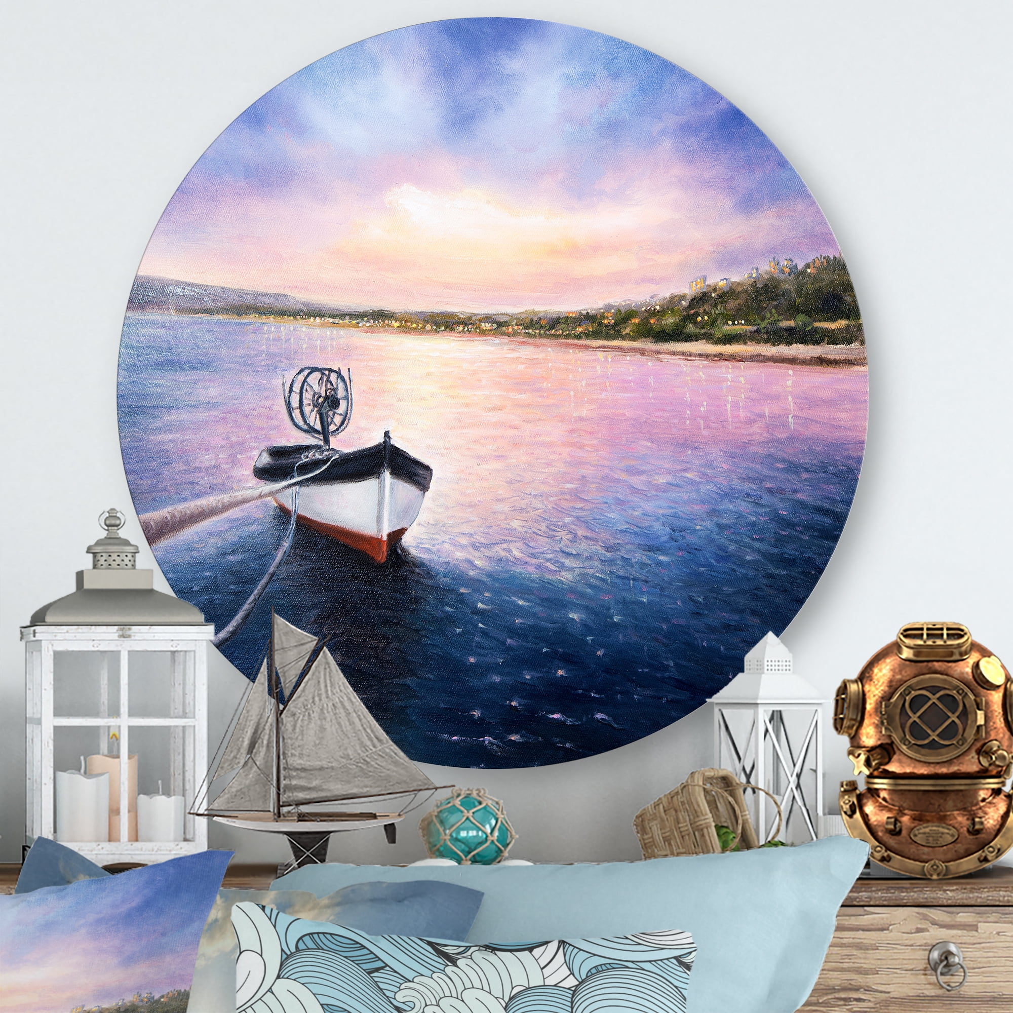 Designart 'VIbrant Sunset Over Fishing Boat By The Shore' Lake House Circle Metal Wall Art 11x11 - Disc of 11