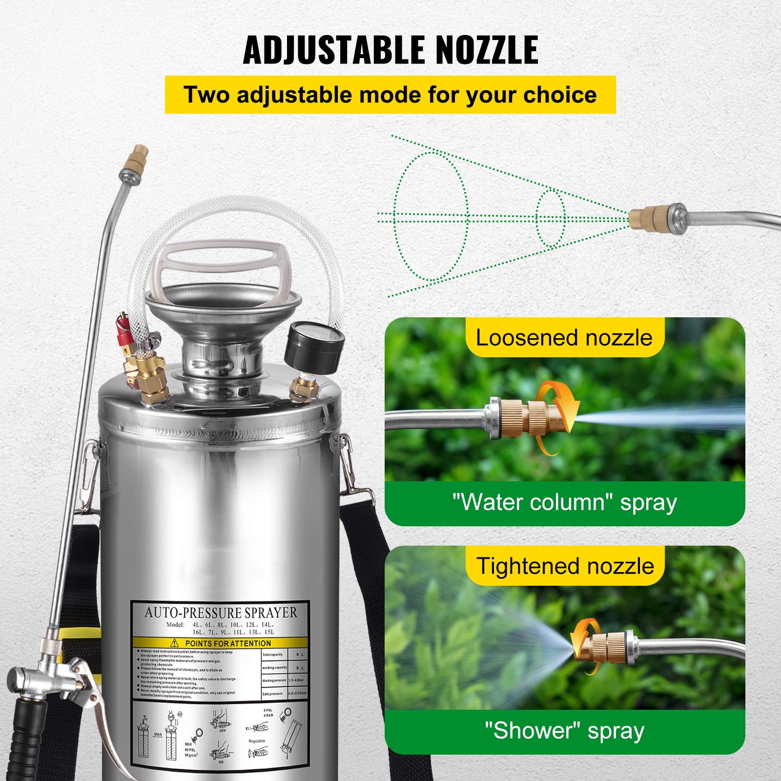 KFFKFF 2G Stainless Steel Sprayer, Full Set with 20" wand& handle& 3.3" Reinforced Hose, Hand Pump Sprayer with Pressure Gauge&Safety Valve, Adjustable Nozzle Suitable for Gardening and Sanitizing