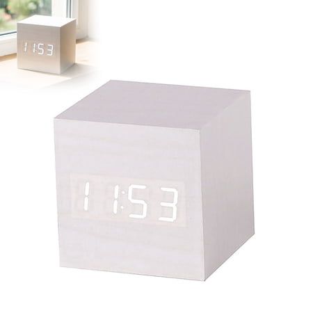 2 . 36 Mini Wooden Cube Digital Alarm Clock, Voice Control LED Display with Time/Date/Temp for