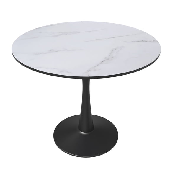 LeisureMod Round Dining Table Modern 31" MDF Wood Tabletop with Steel Pedestal Base for Kitchen and Living Room Bristol Series in Marbled White