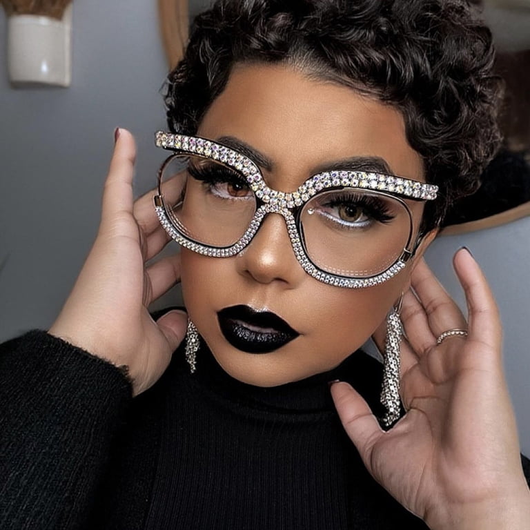 Women Oversized Rhinestone Blue Glasses Frame Ladies Stylish 