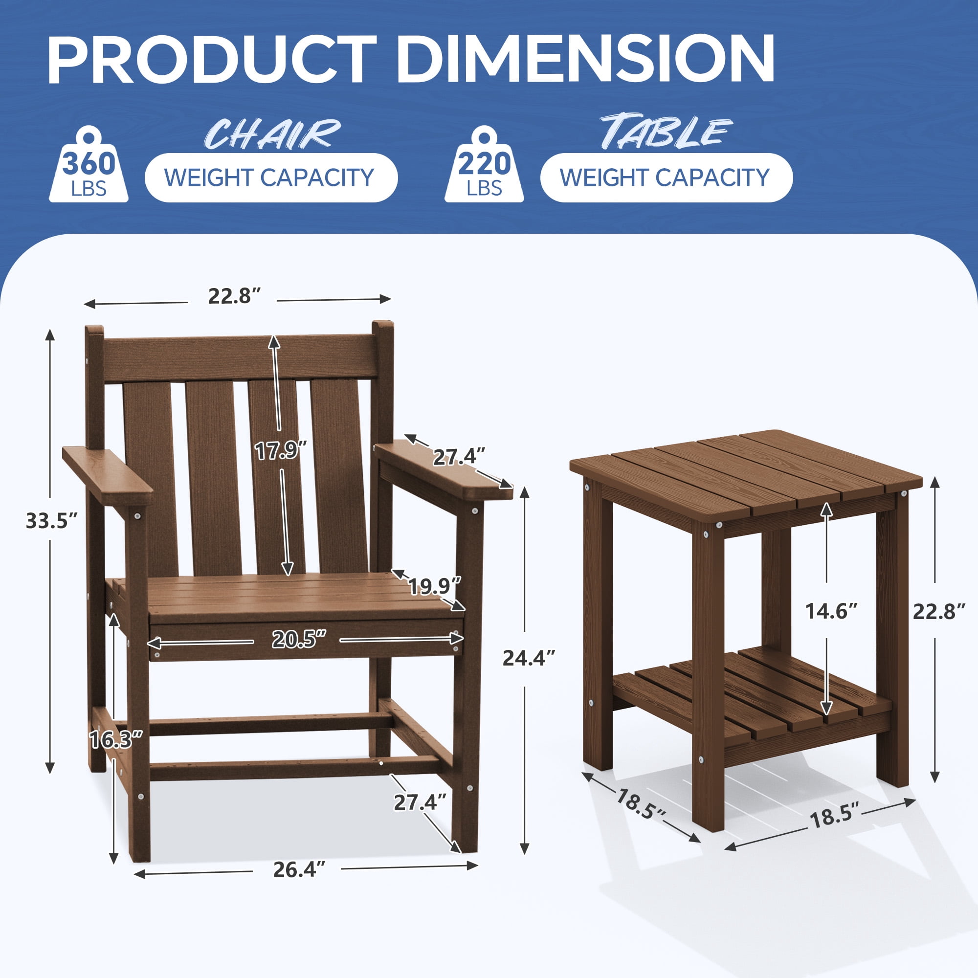 SERWALL 3 Piece Patio Furniture Set,HDPE Outdoor Bistro Set with Coffee Table and Chair for the Patio,Brown
