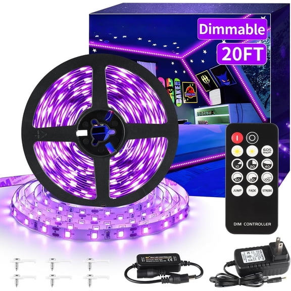 20ft Black Light Strip with Remote, 360 LED Lamp Beads, 12V Flexible Lights for Glow Party, Adjust Brightness, Delay Off, 3 Light Modes, Indoor Fluorescent Party, Stage Lighting