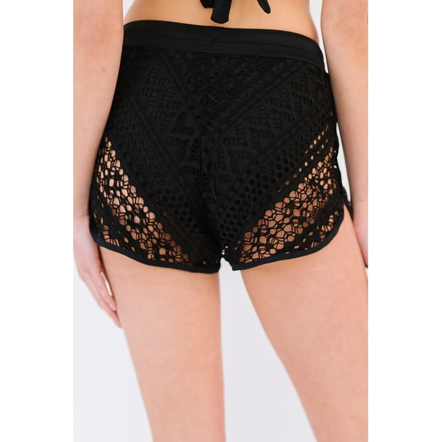 ABPHQTO Bañador negro con superposición de encaje calado para mujer