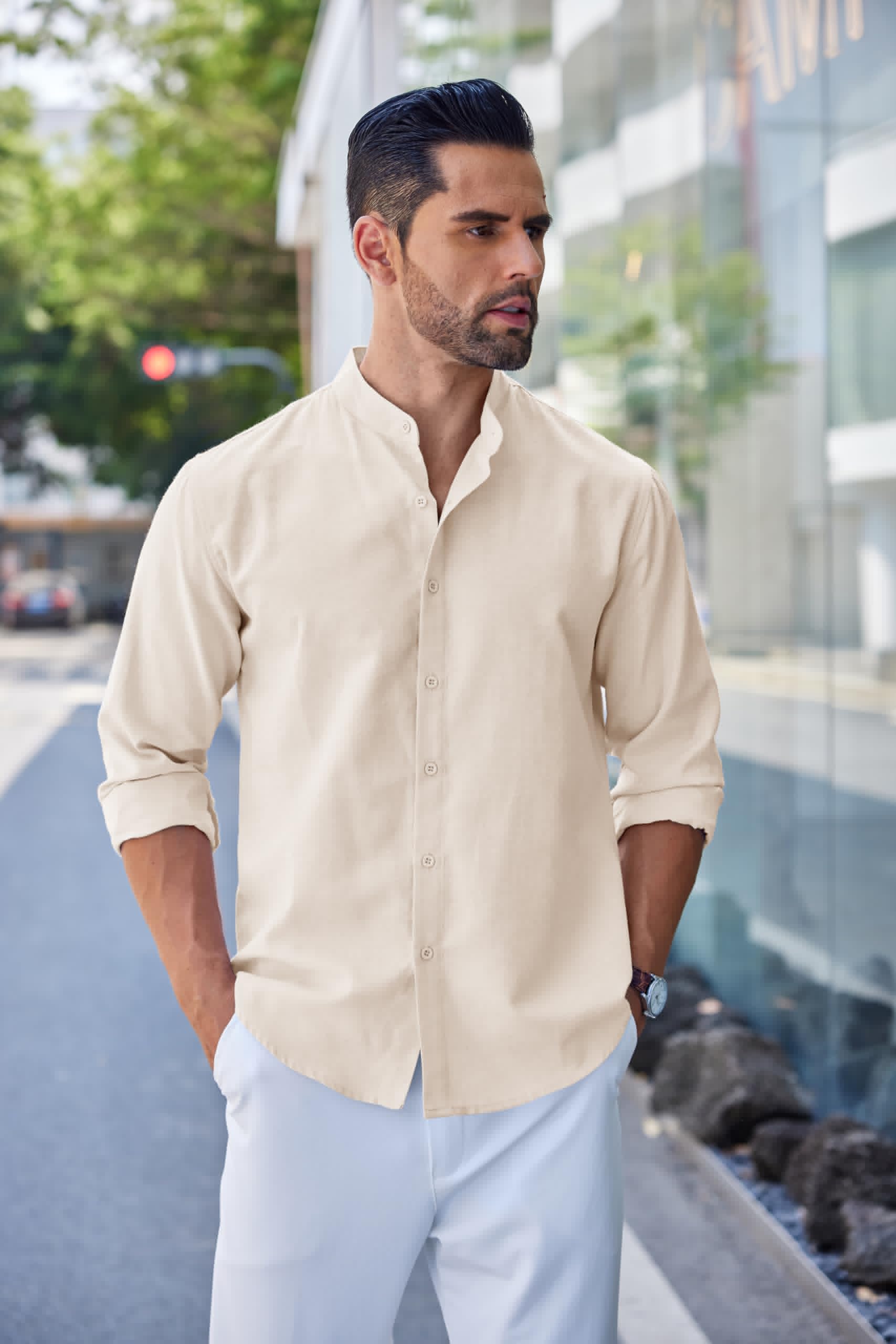 thumbnail image 5 of COOFANDY Men's Long Sleeve Oxford Dress Shirts Chambray Button Down Shirt Casual Band Collar Shirts, 5 of 6