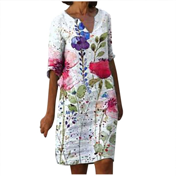 Vestido de Cuello en V de Manga Larga Con Estampado Informal de Talla Grande Para Mujer Odeerbi ODB116553