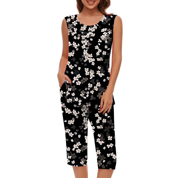 Conjunto de Verano para las Mujeres Impreso Cuello Redondo sin Mangas Y Pantalones, Casual Dos Piezas para las Mujeres