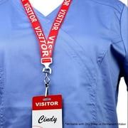 10 Pack - Visitor Badges with Lanyards - Heavy Duty Preprinted Visitor PVC Plastic Badge - Reusable & Dry Erase Writable - Red Breakaway Lanyard w/Swivel Clip - Guest Name Tag Holder - Specialist ID