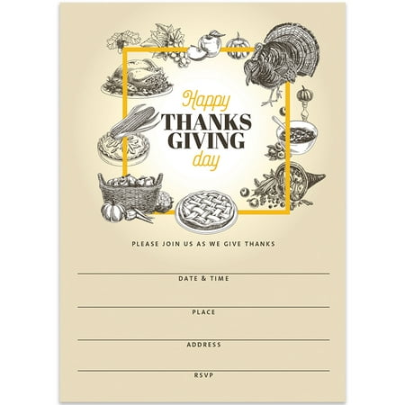 Traditional Thanksgiving Meal Invitations & Envelopes ( Pack of 25 ) Classic Turkey Dinner Invites Welcome Family & Friends with Large 5 x 7