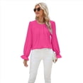 thumbnail image 3 of Blusa de Larga Abullonada para Mujer, Elegante, Informal, con Cuello Redondo, de , Holgada y Plisada. Rosa Roja L, 3 of 9