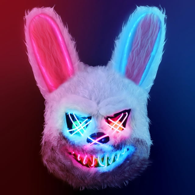 Máscara de purga ZONESTA iluminada, máscara LED de conejito peludo y aterrador, sangriento, peluche, espeluznante disfraz de Halloween para cosplay