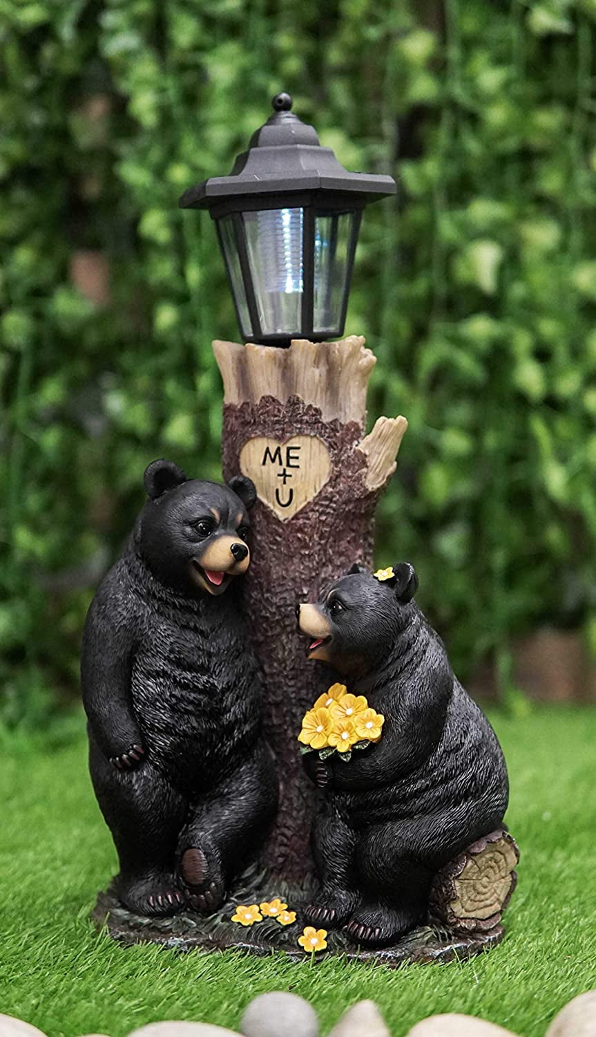 Ebros Me + U Black Bear Couple Outpost Statue with Solar LED Light