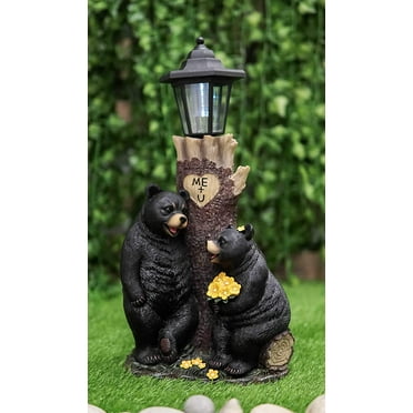 Ebros Me   U Black Bear Couple Outpost Statue with Solar LED Light Lantern Decor