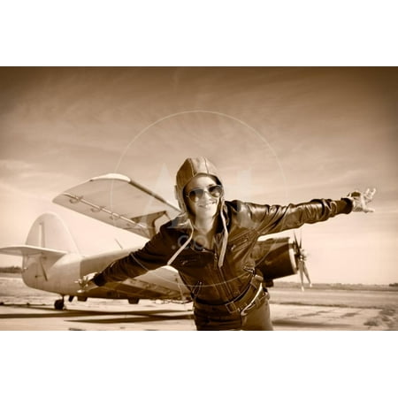 Young Lady Photo Happy Young Woman with Raised Hands Flying on Airporte, Sepia Photo. Print Wall Art By Aleksandar Todorovic ()