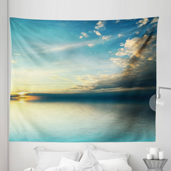 Coastal Tapestry, Panorama of Sea Sunset Sundown Reflection Horizon Dark Clouds Nature Picture, Fabric Wall Hanging Decor for Bedroom Living Room Dorm, 5 Sizes, Teal Aqua Blue, by Ambesonne
