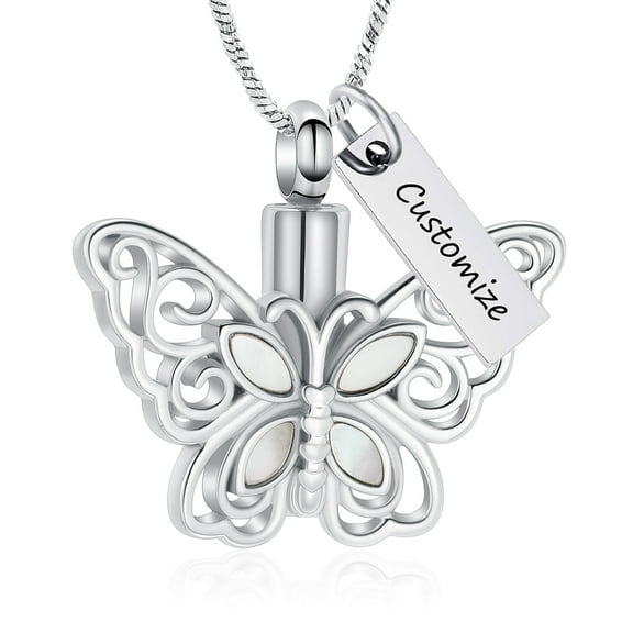 Personalize Stainless Steel Moon White Abalone Shell Butterfly Cremation Urn Pendant Memory Necklace for Cremation Ashes Keepsake Memorial Jewelry