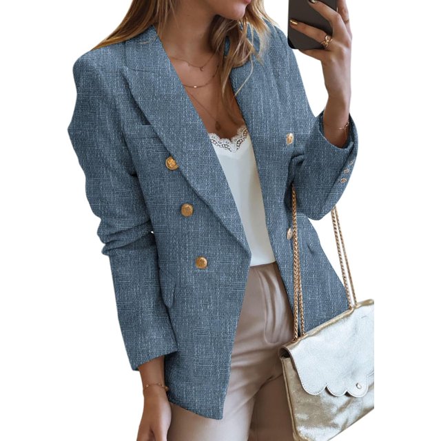 Womens Double Breasted Tweed Blazers Casual Long Sleeve Open Front Blazer Jackets Work Suits