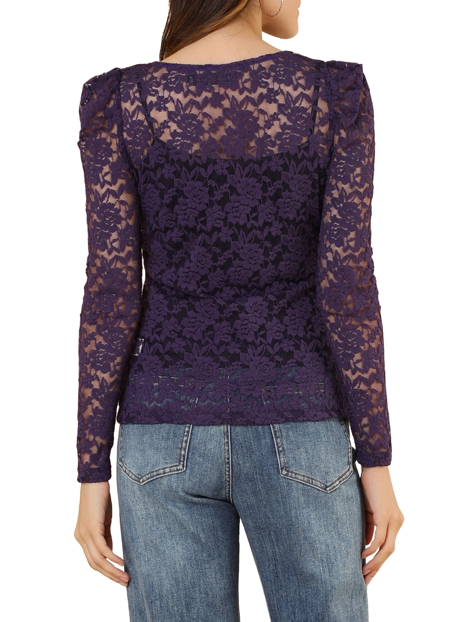 DARING DIVA Semi Sheer Puff Sleeve Vintage Top XL Purple