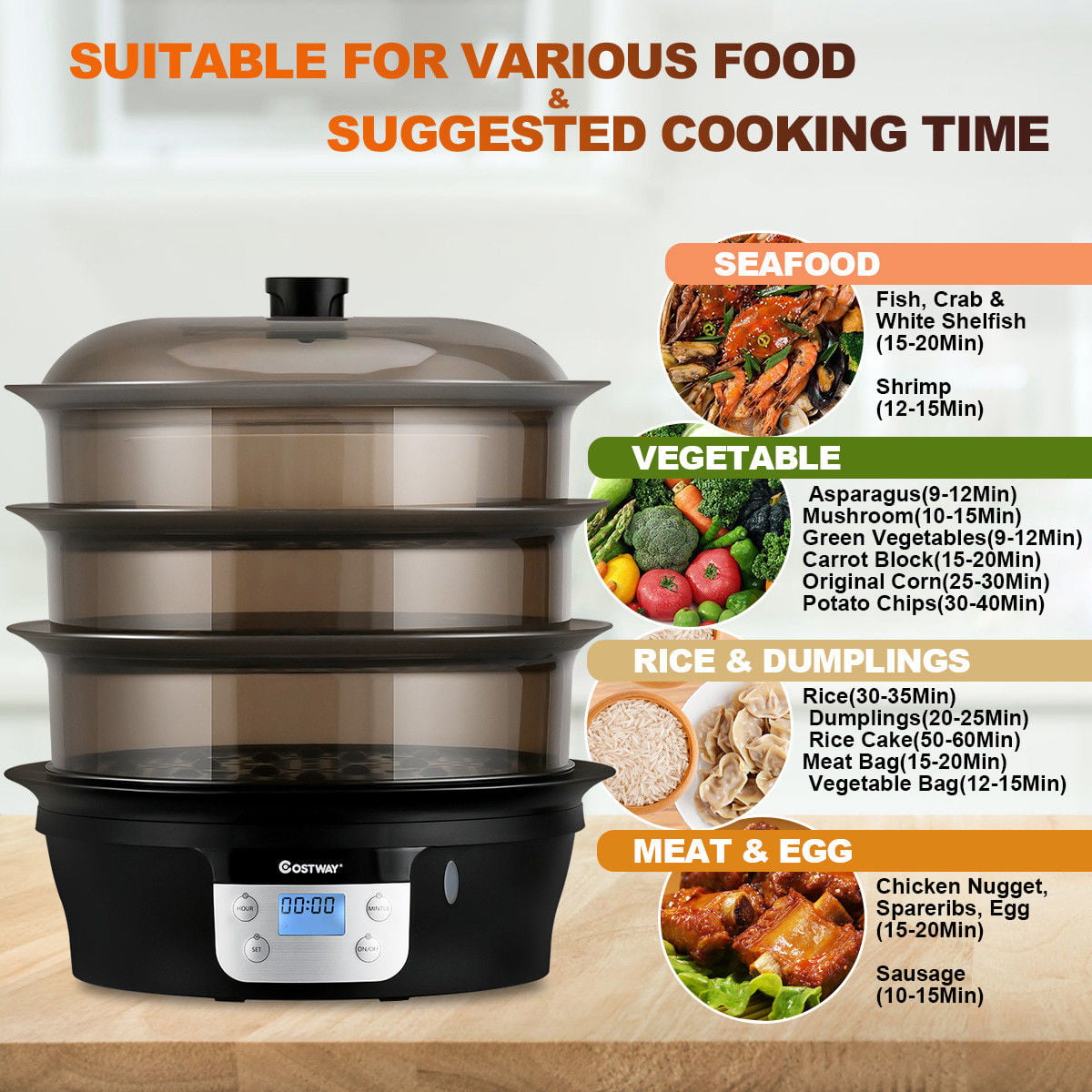 Electric Food Steamer 20 Quart Digital Vegetable Pot Cooker 3 Tier Kitchen Tool 