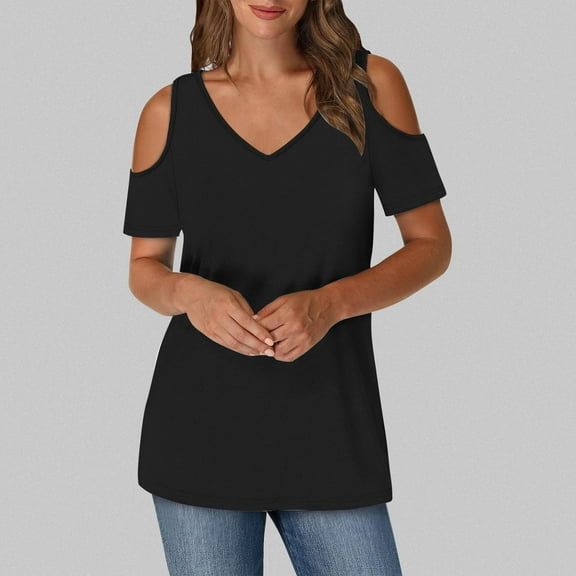 EchfiProm V Neck Blouses for Women Tunic Trendy Black 2024 Off Shoulder Solid Short Sleeve Lightweight Shirts S