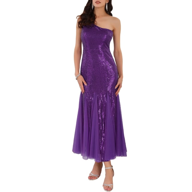 INSPIRE CHIC Vestido de cóctel de lentejuelas para mujer, maxi de un solo hombro, vestido de sirena para prom, noche y boda, XL púrpura oscuro