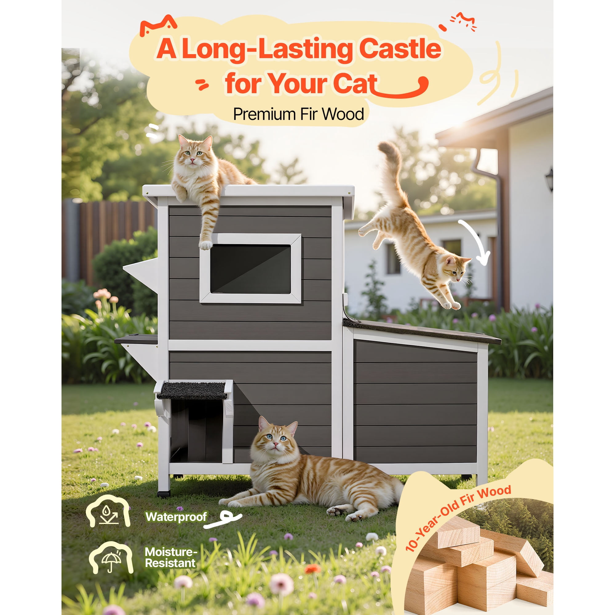 KFFKFF Wooden 2-Story Outdoor Cat House, Elevated Shelter for Feral Cats with Stairs, Windows, Flap Doors, 42"