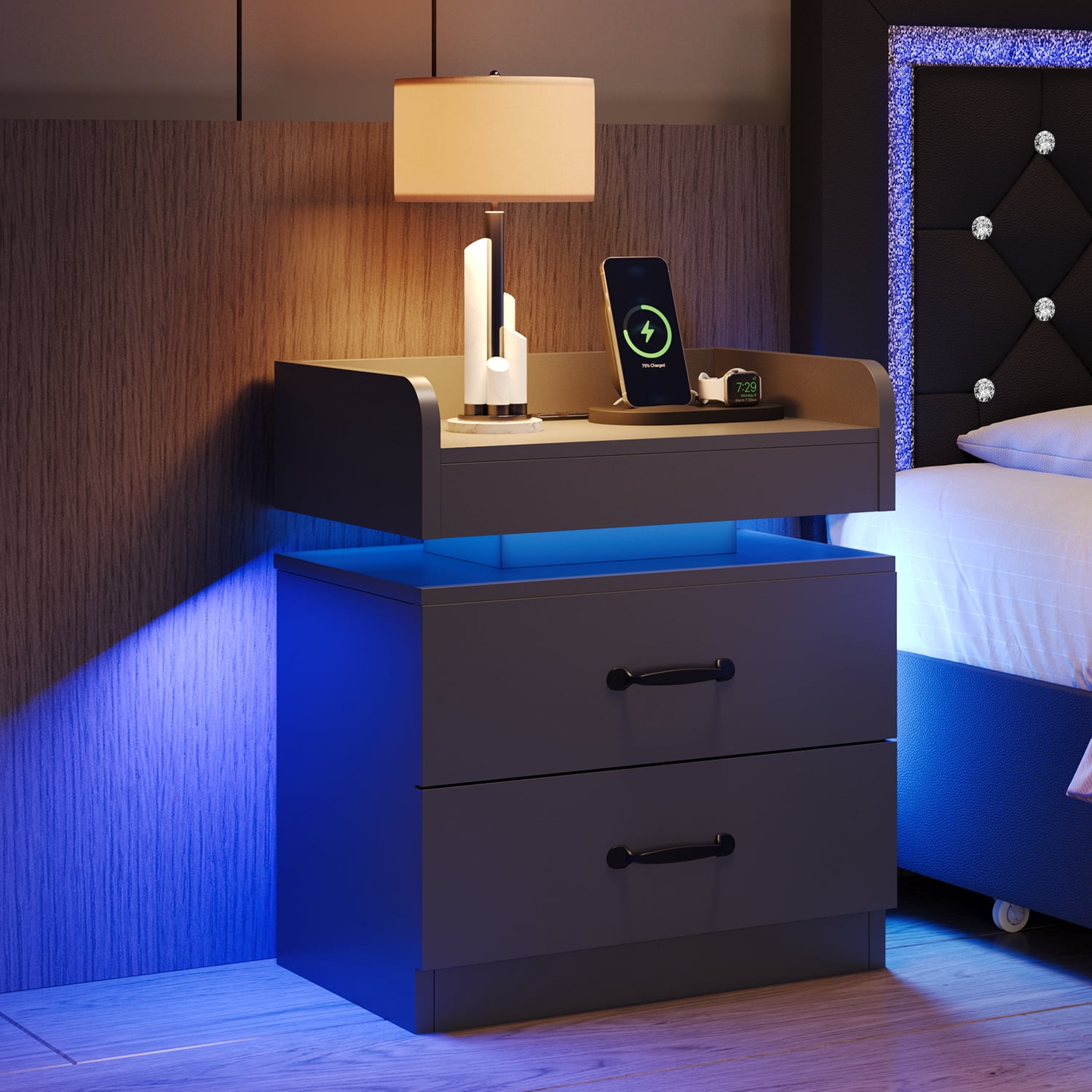 4 EVER WINNER Nightstand with Charging Station, LED Night Stand with 2 Drawers, Modern Beside End Table Side Table for Bedroom Living, Black