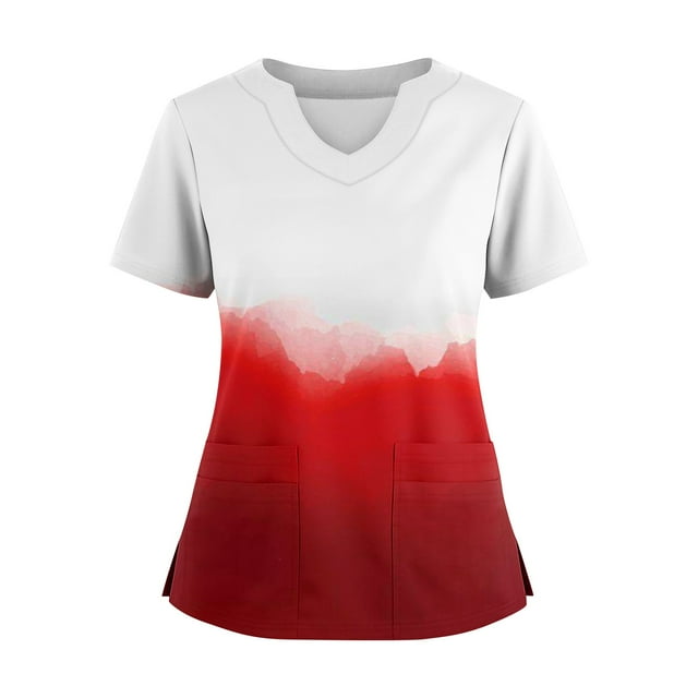 Ktyne Blouses Médicales pour Femmes Col en V Manches Courtes Extensibles Uniforme de Travail Infirmière Haut de Blouse Décontracté avec Poche Rouge Profond S