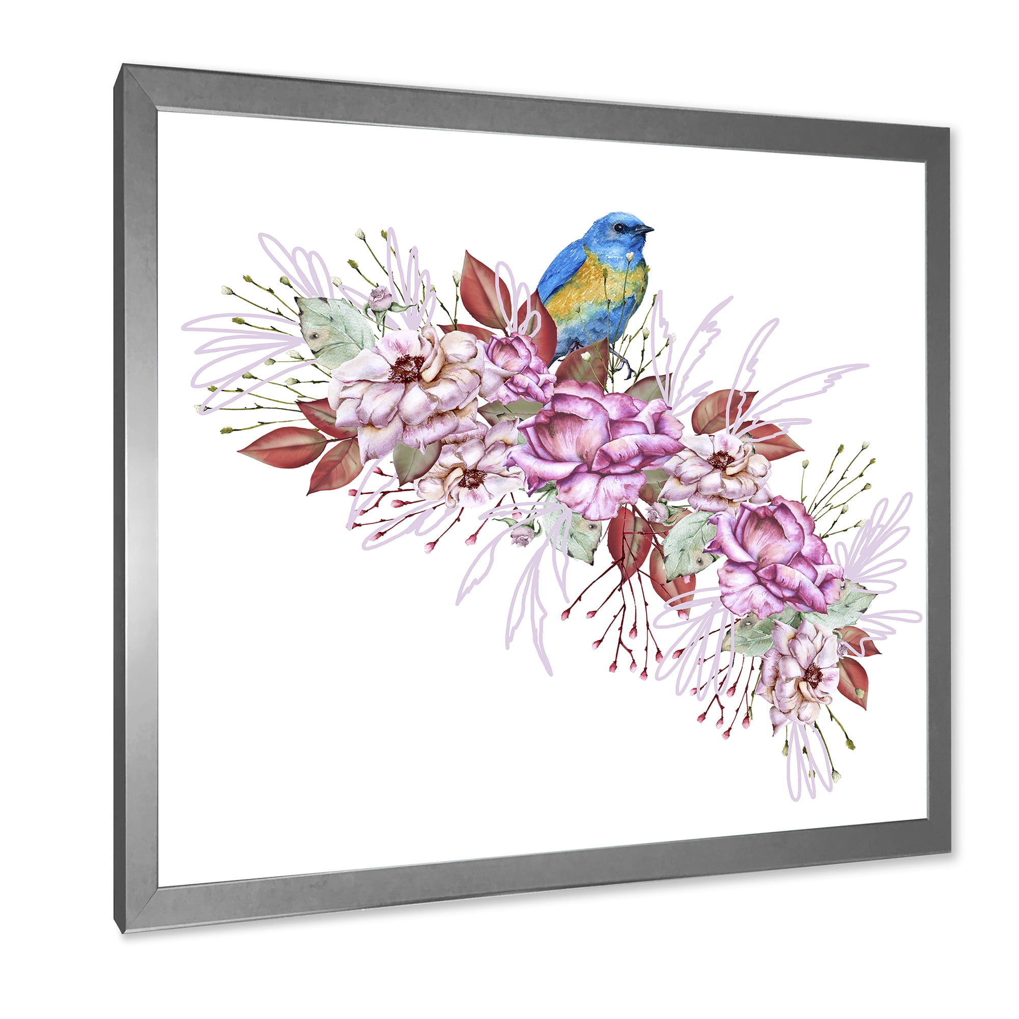 Designart 'Little Blue Bird Sitting On Colorful Boquet of Flowers' Traditional Framed Art Print