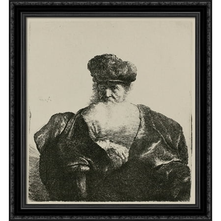 An Old Man with a Beard, Fur Cap and a Velvet Cloak 28x32 Large Black Ornate Wood Framed Canvas Art by Rembrandt