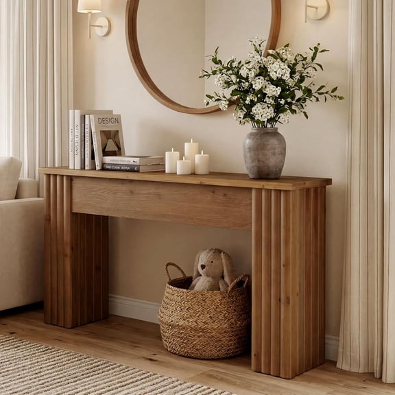 Finmind 63" Solid Wood Console Table, Farmhouse Long Sofa Table for Entryway, Hallway, Living Room, Vintage Brown