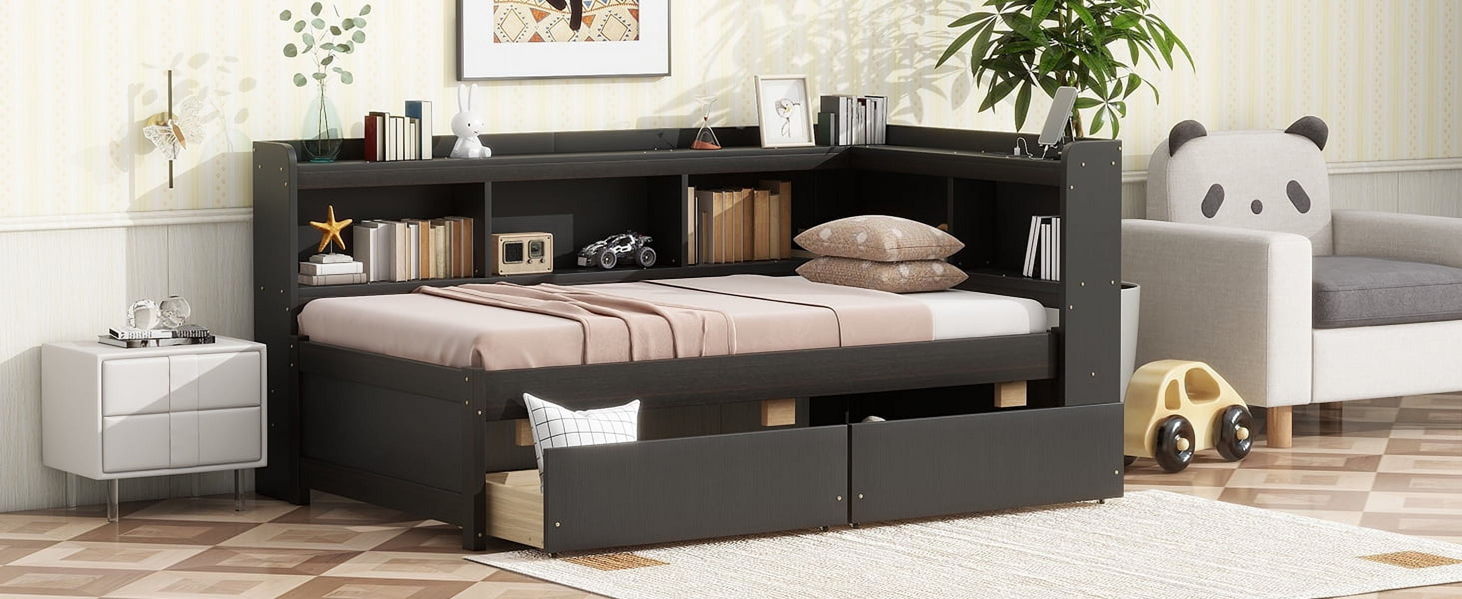 Sailvan Twin Size L-shaped Bookcases Bed with Power Outlets, USB Charging Ports,Two Drawers